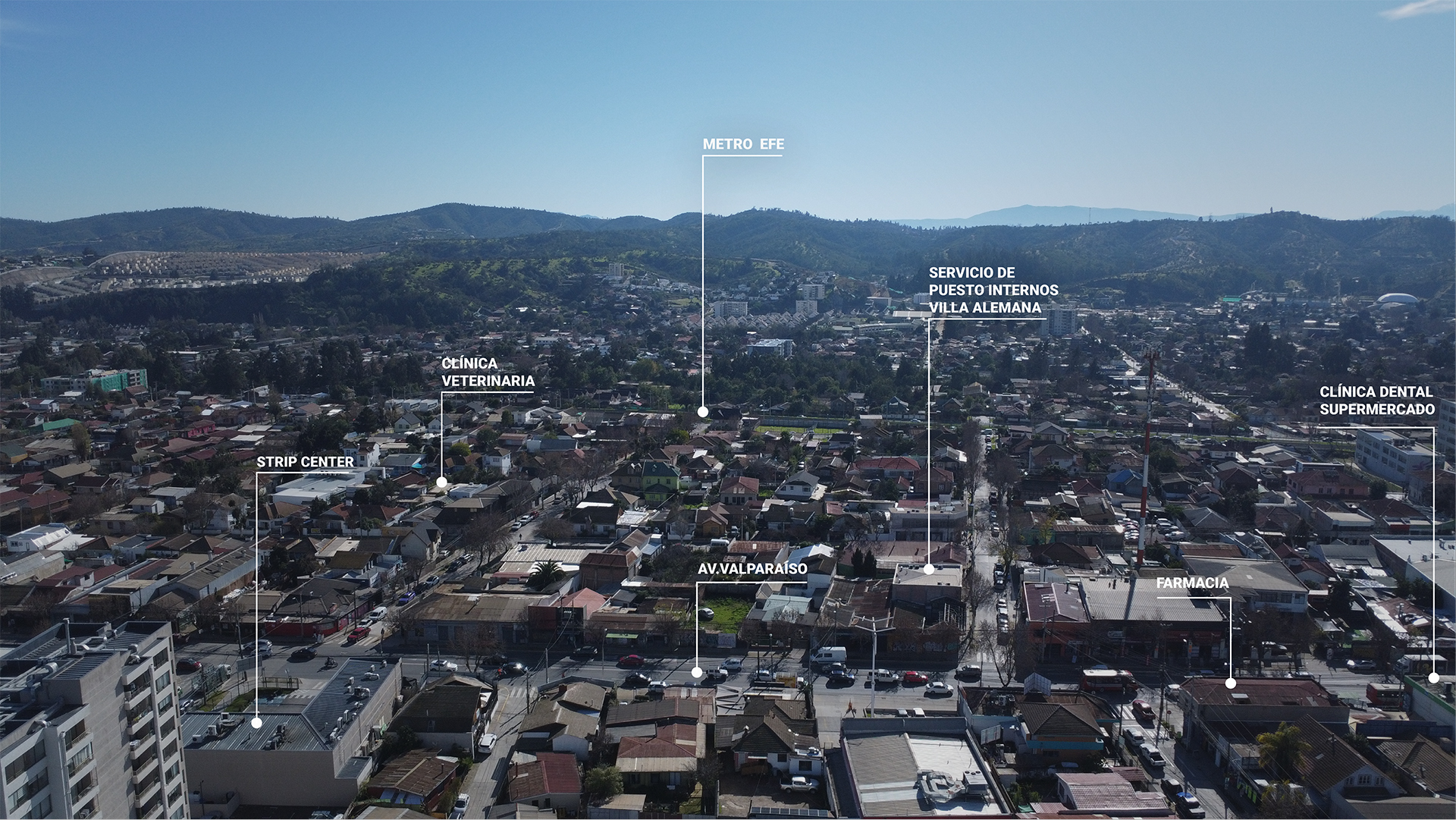 Vista aérea destacando los servicios cercanos al Edificio Santa Victoria en Villa Alemana